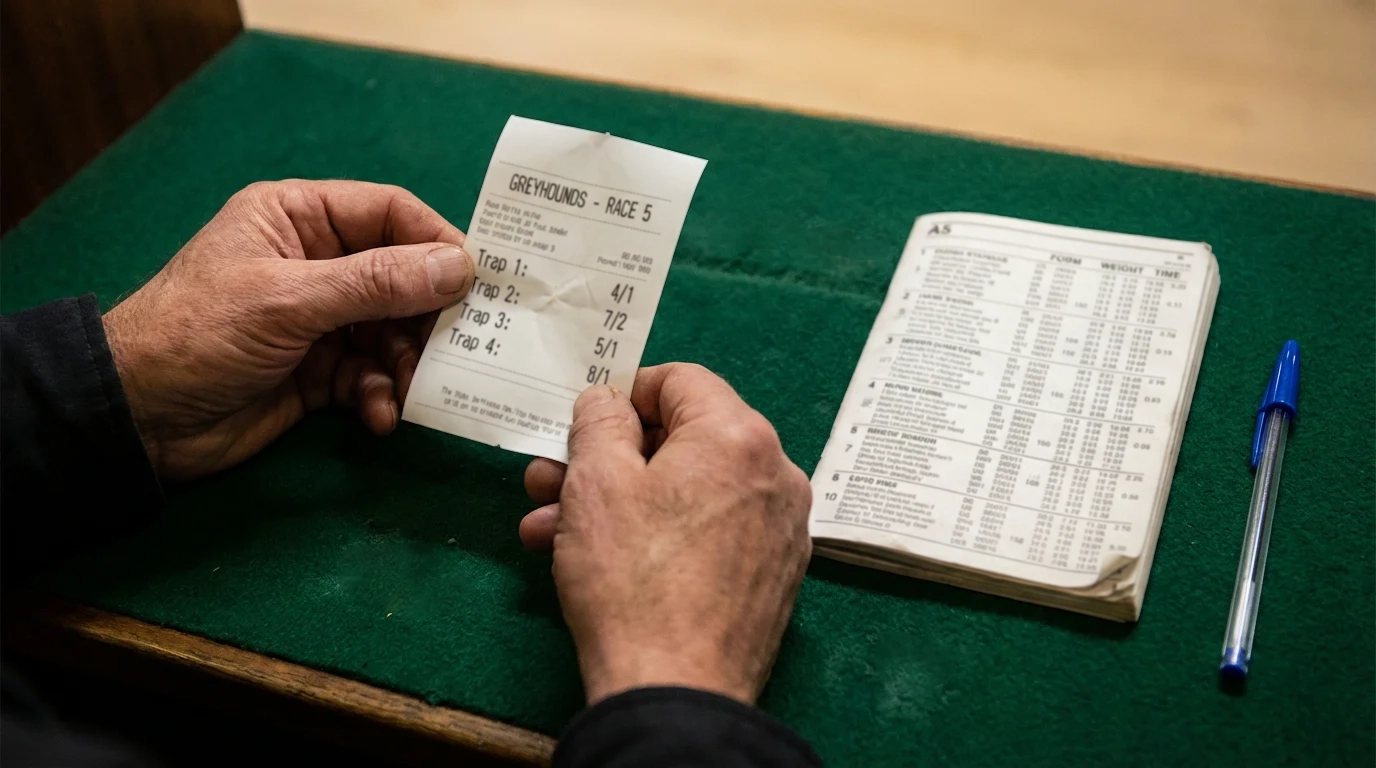 Close-up of a betting slip with greyhound race card and fractional odds at a UK bookmaker