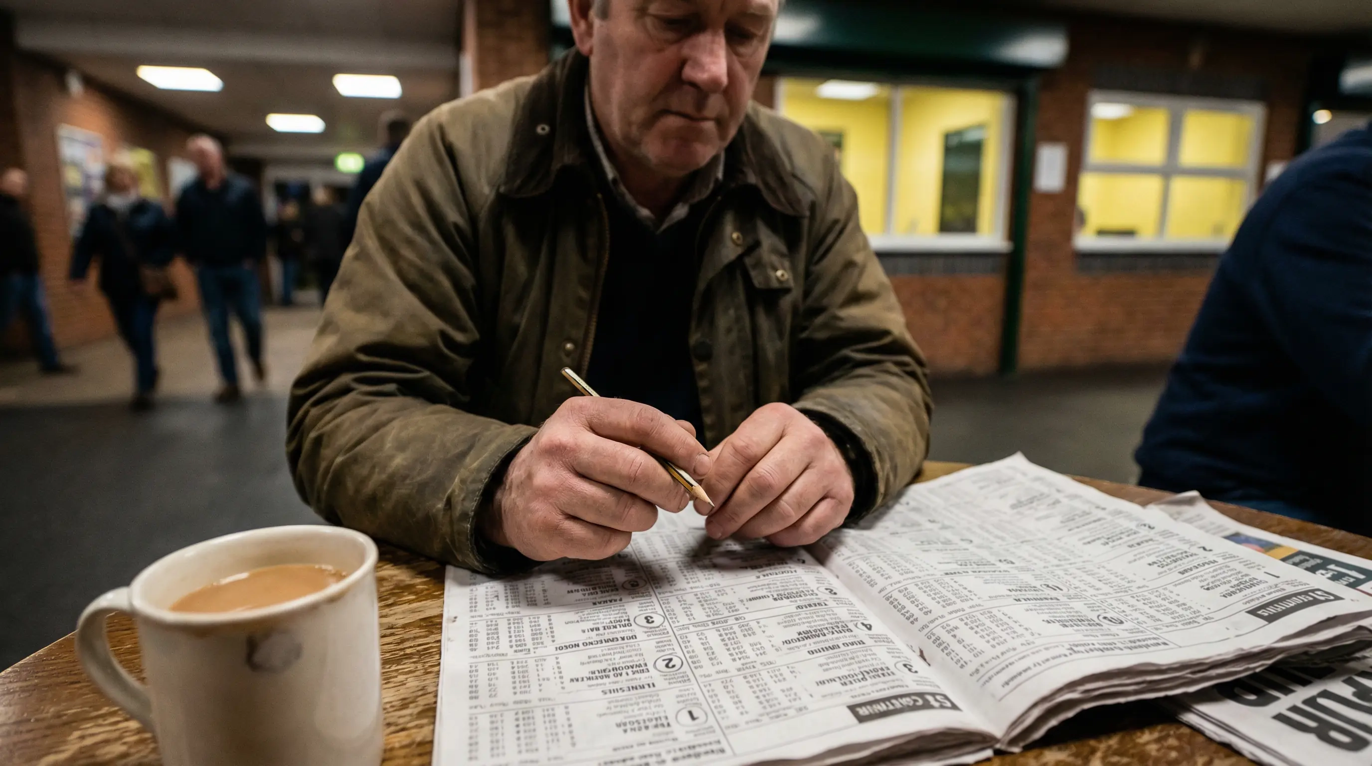 Punter studying a printed greyhound race card with form figures and trap draw data