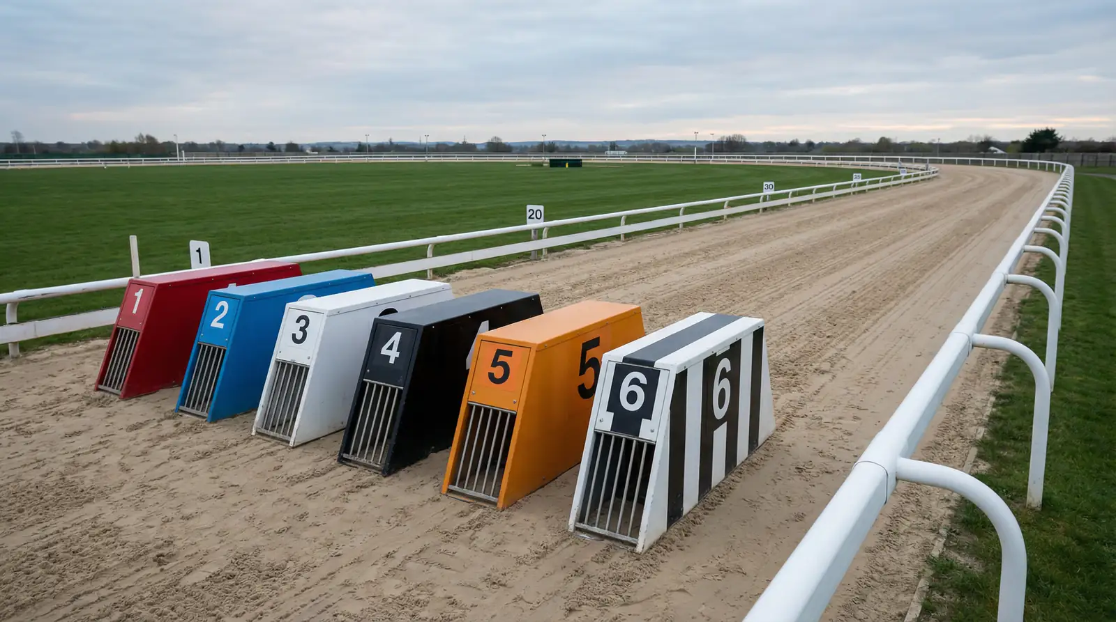 Six greyhound starting traps on an oval racing track with distance markers visible