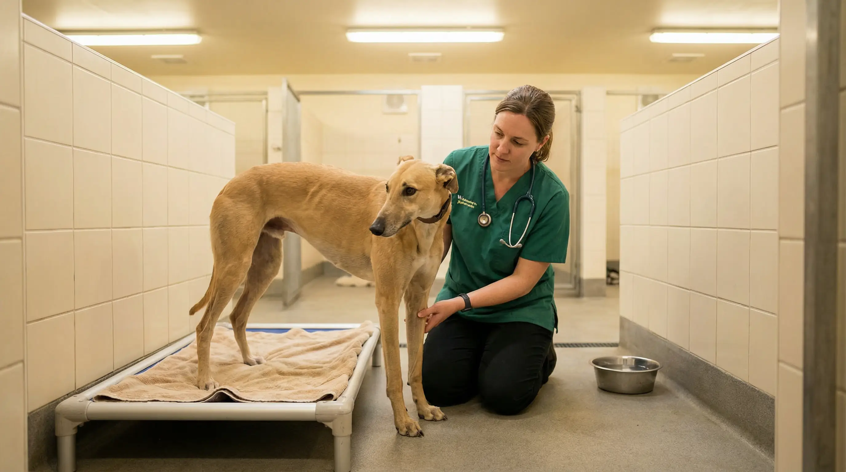 Greyhound in a GBGB-regulated kennel being examined by a veterinary officer before racing