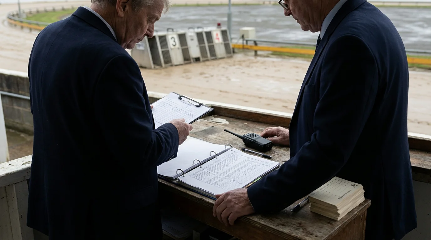 Official GBGB steward reviewing race documentation at a licensed greyhound track in England