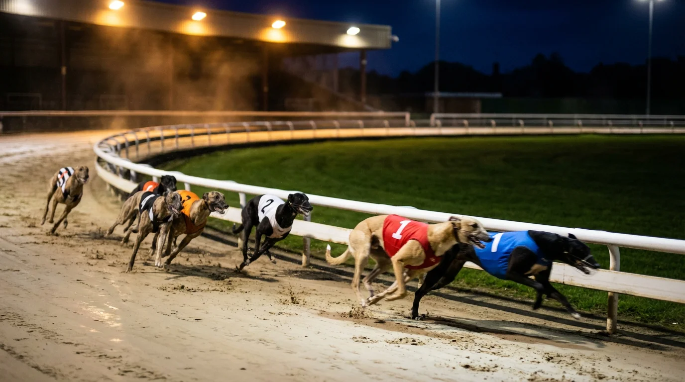 Greyhound dogs racing around the first bend at a floodlit GBGB-licensed stadium in England